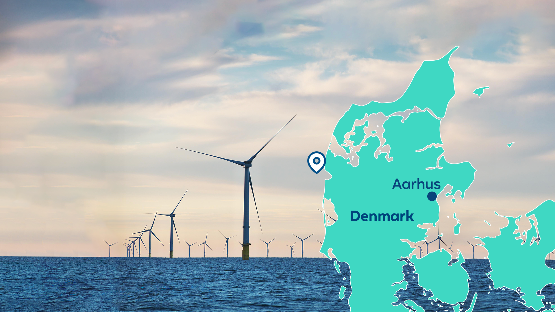 A view of offshore wind turbines in Denmark, with Aarhus marked on the map.