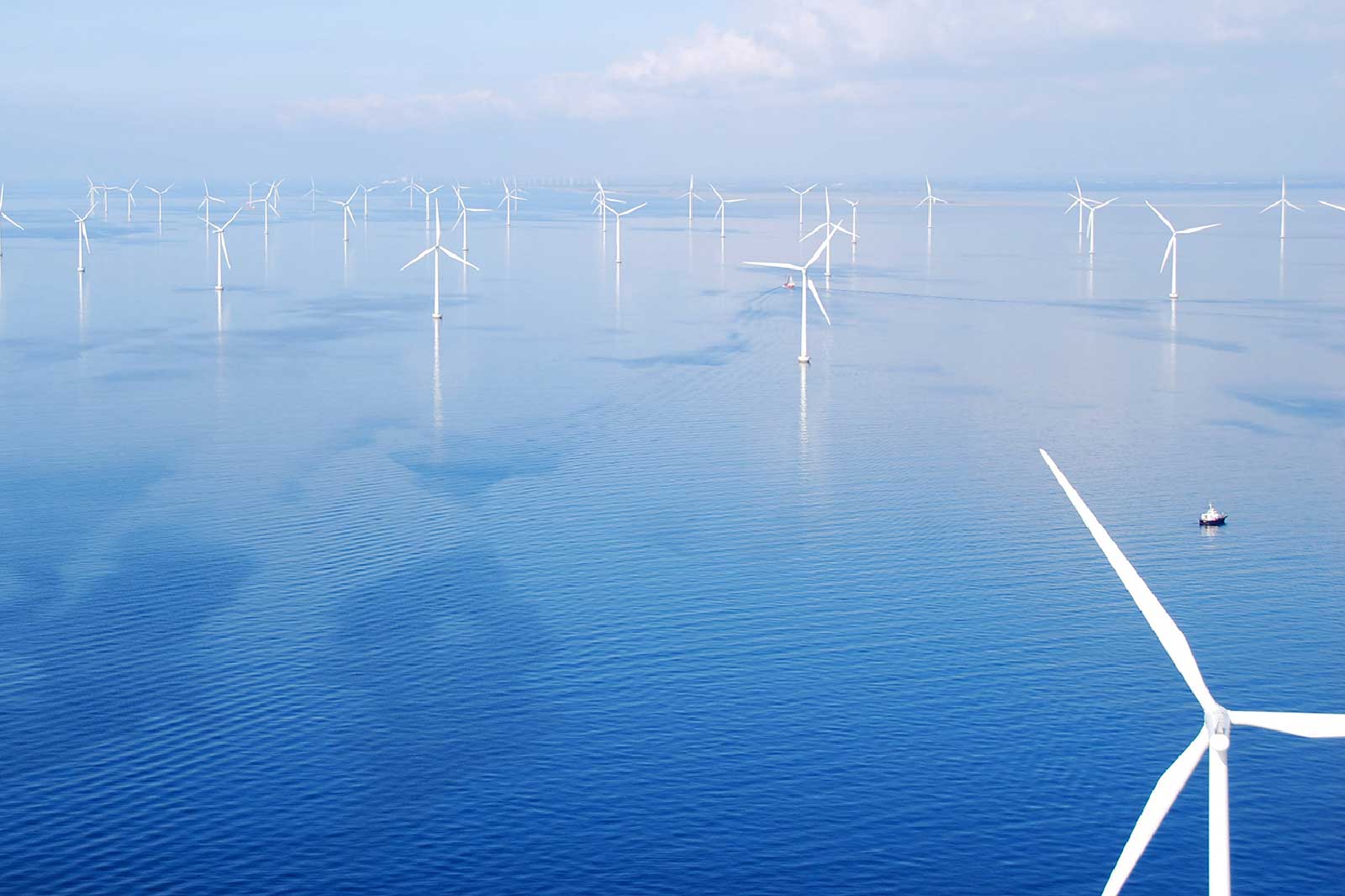 An offshore wind farm with numerous wind turbines extending across the blue sea under a bright sky.