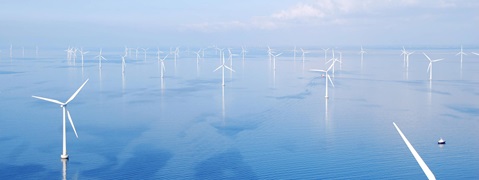 Image of an offshore wind farm with numerous wind turbines standing in the water under a light blue sky.