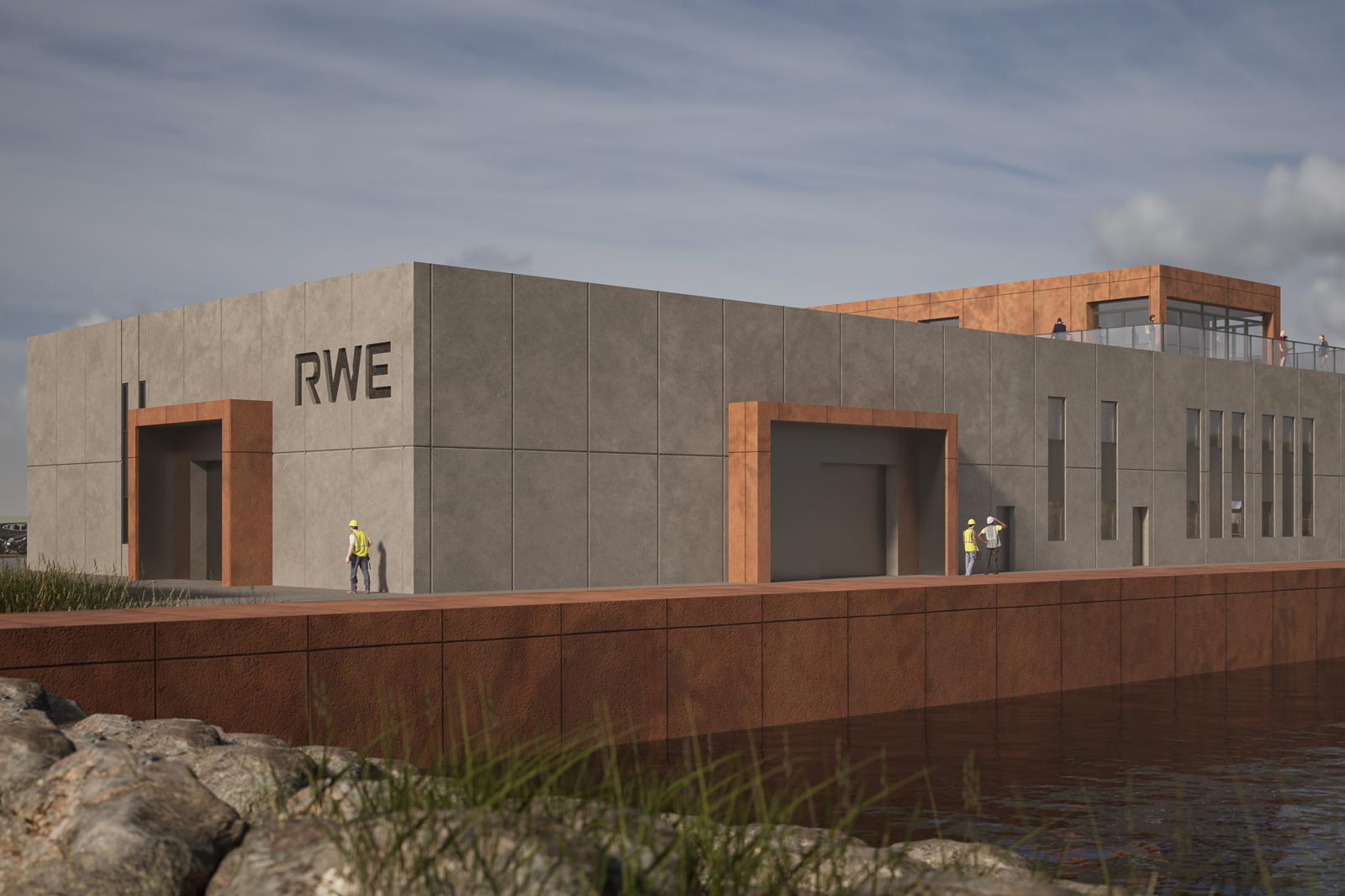 A modern building with the RWE logo, featuring grey and reddish-brown exteriors, surrounded by grass and water.